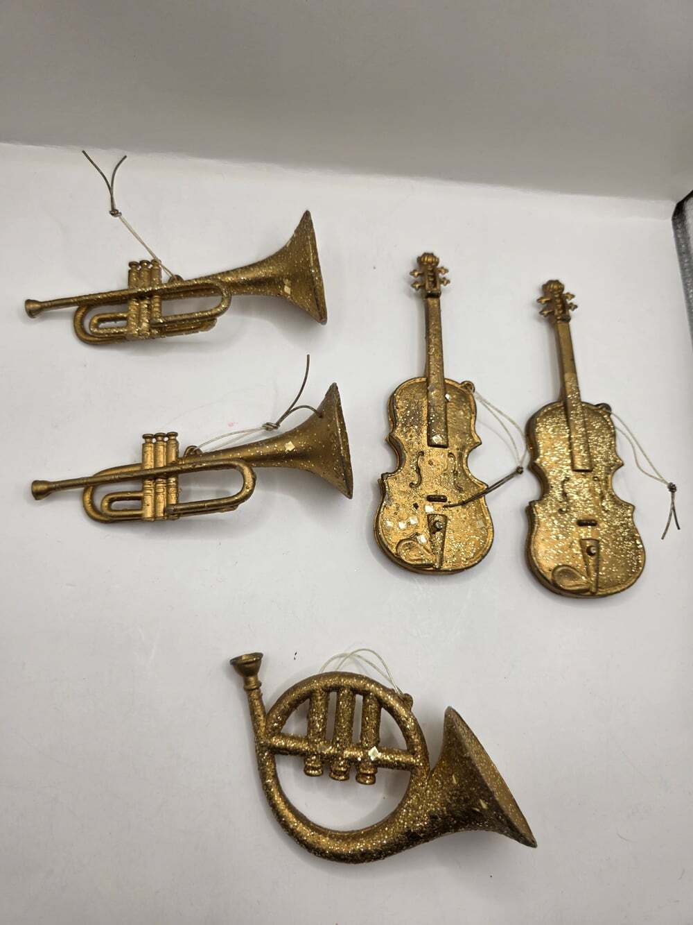 Lot of 5 Vintage Gold Glitter Musical Instrument Christmas Ornaments